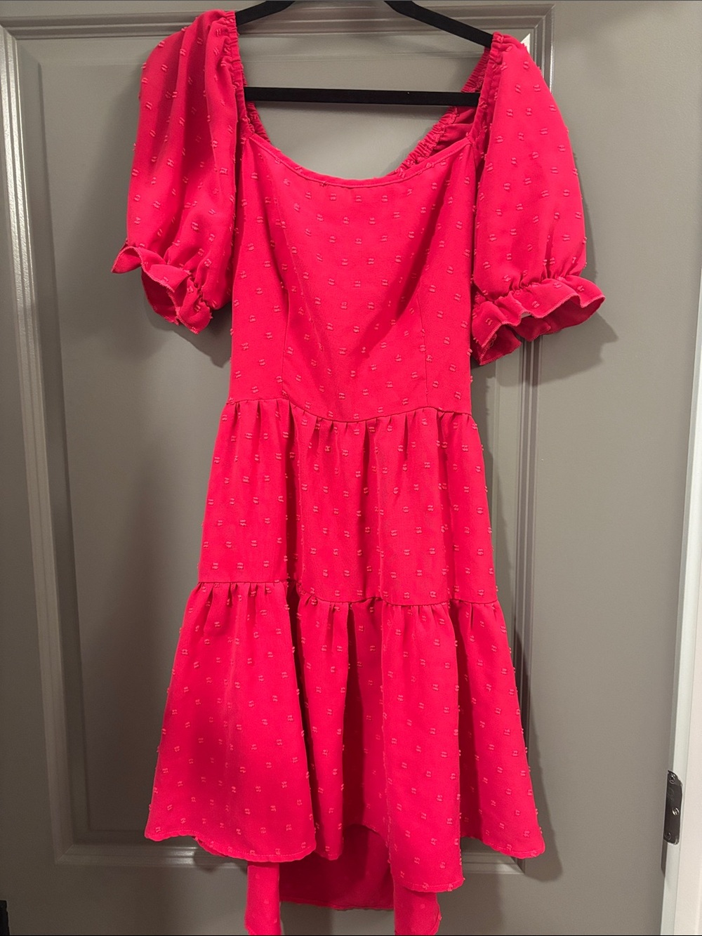 SHEIN Hot Pink Tiered Puff-Sleeve Mini Dress